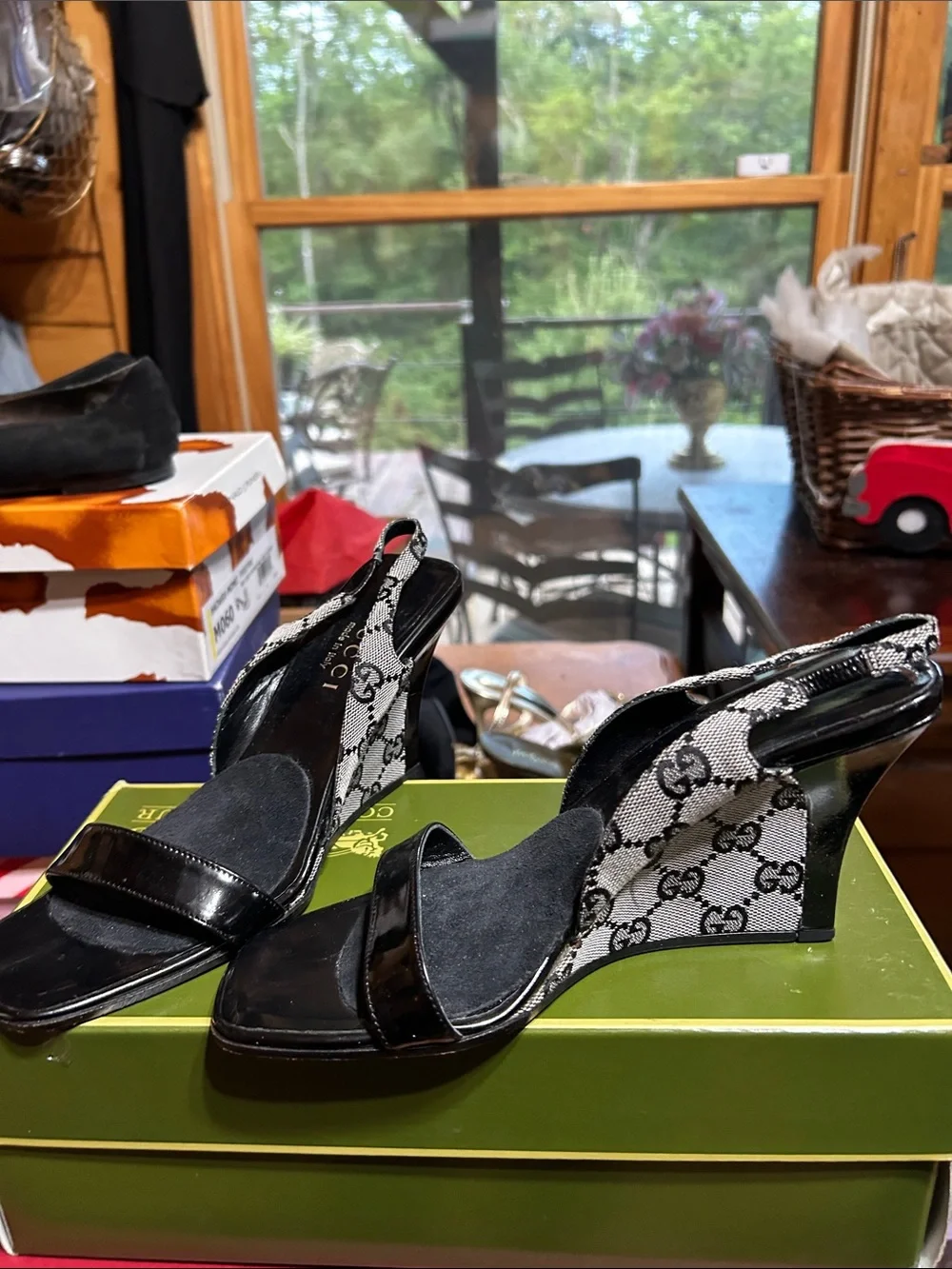 Gucci Black Monogram Patent Leather Heel Sandals